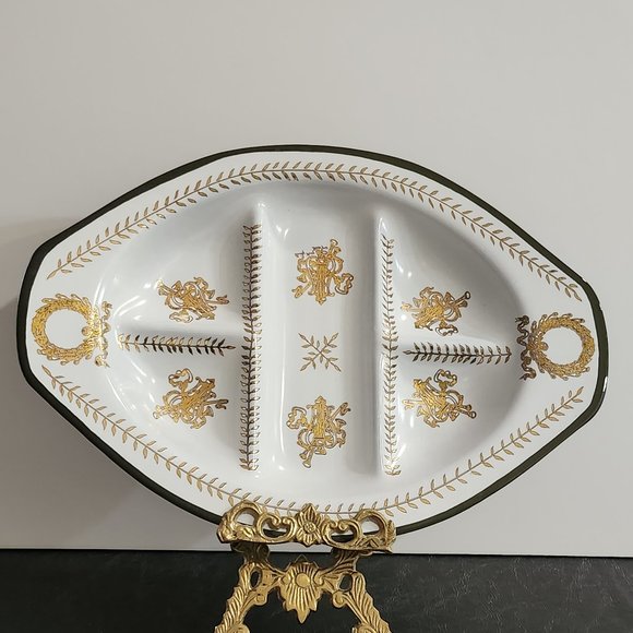 Houze Art Oval Divided Serving Tray Smoky Gray Glass Cocktail Platter White/Gold - Picture 1 of 8